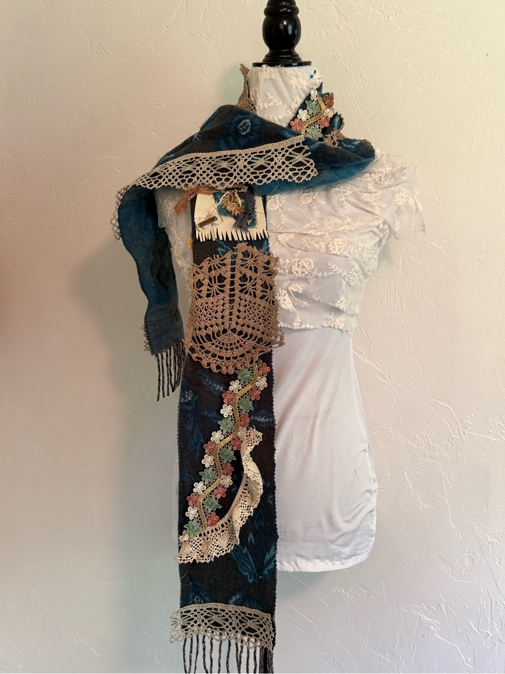 Upcycled Handmade Scarf Acrylic Lace Crochet unique 6x74